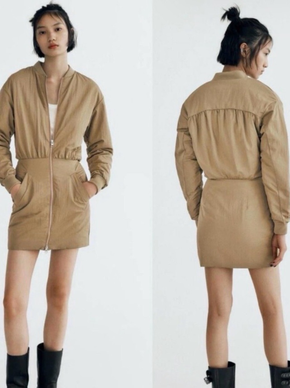 Zara Women's Lightweight Zip-Front Bomber Dress Jacket - Beige XS
